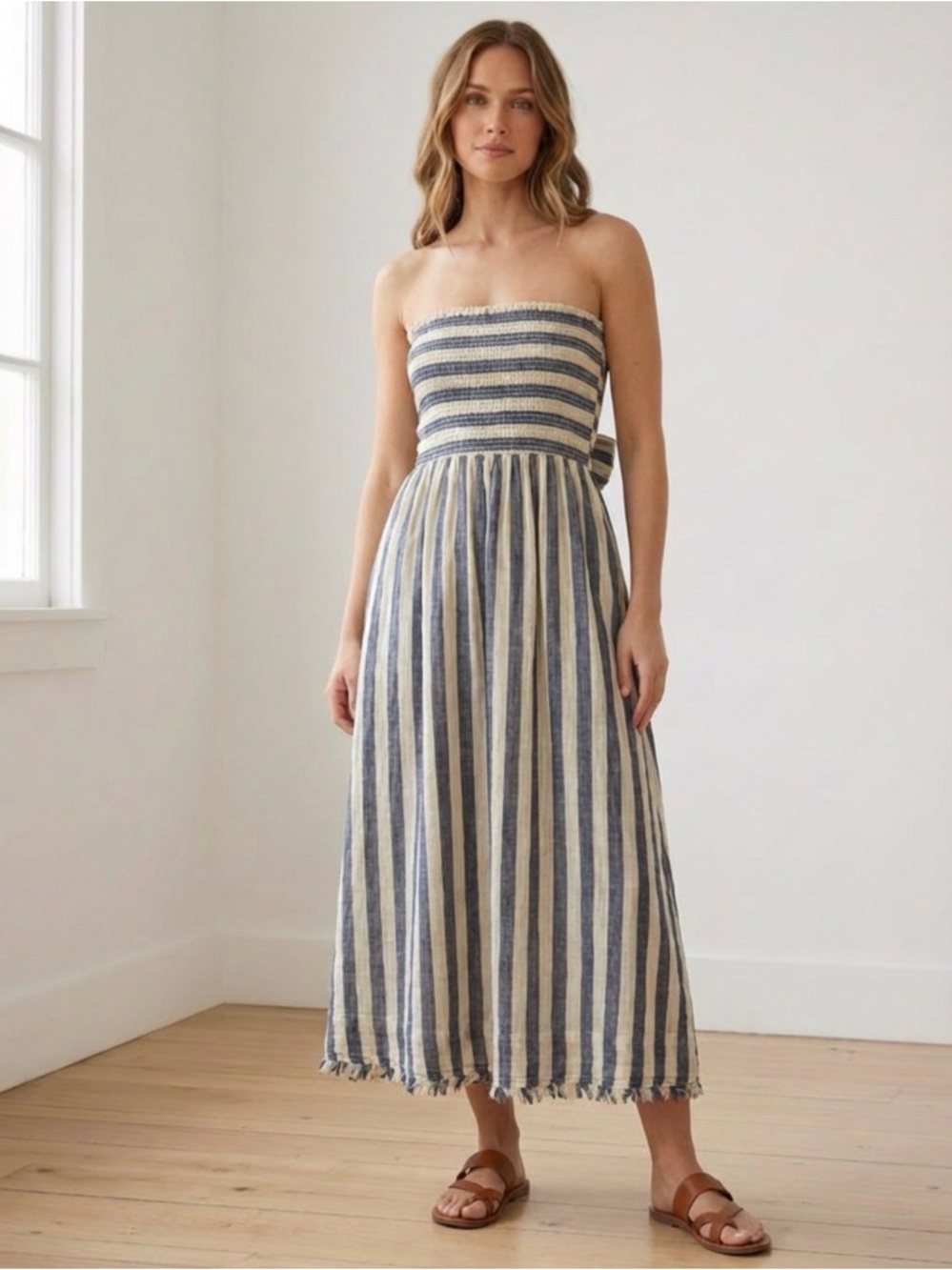 Free People Blue and Cream Strapless Dress